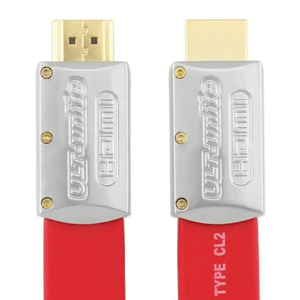 ULT-unite Gold-Plated 4K Ultra HD HDMI Cable for Home Use close-up of gold-plated HDMI connectors and red flat cable