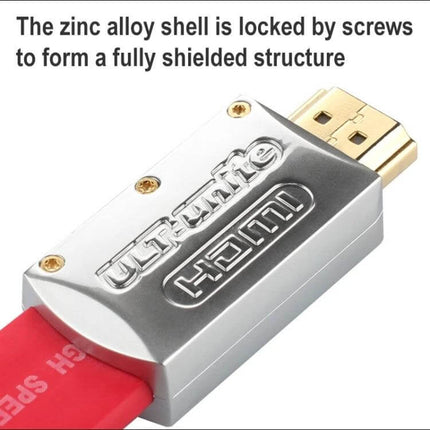 ULT-unite Gold-Plated 4K Ultra HD HDMI Cable for Home Use close-up of gold-plated HDMI connector with zinc alloy shell and red cable