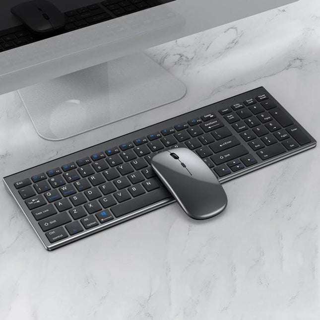 Versatile Three-Mode Wireless Bluetooth Keyboard and Mouse Set for Daily Use - slim grey keyboard and mouse on marble desk
