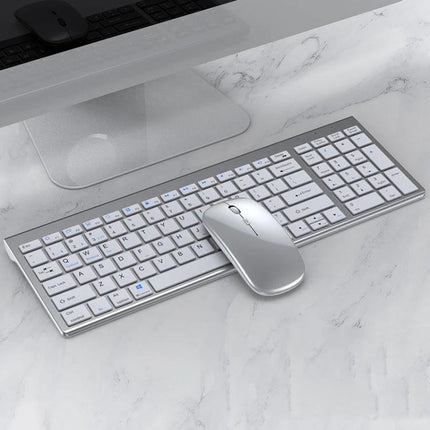 Versatile Three-Mode Wireless Bluetooth Keyboard and Mouse Set for Daily Use slim silver keyboard and mouse on marble desk