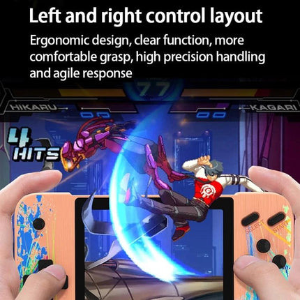 G3 Macaron Handheld Game Console for Two-Player Fun showing ergonomic left and right control layout with 3.5-inch screen gameplay