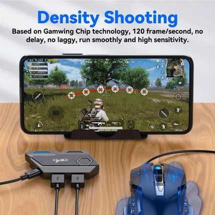 HXSJ Converter for Everyday Mobile Gaming Controls connected to Android phone with keyboard and mouse for precise shooter gameplay
