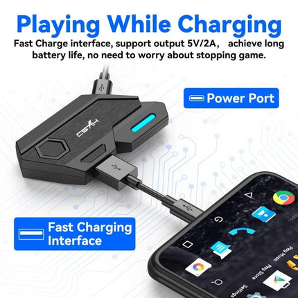 HXSJ Converter for Everyday Mobile Gaming Controls shown connected to phone via USB with fast charging and power port visible