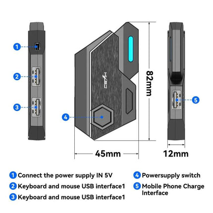 HXSJ Converter for Everyday Mobile Gaming Controls – compact USB2 adapter with keyboard and mouse ports, 82x45x12mm