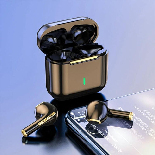 HXSJ True Wireless Earbuds With Charging Case For Commuting sleek gold earbuds with compact charging case and smartphone nearby