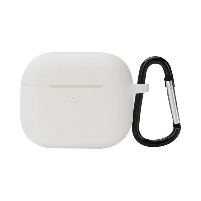 Silicone Earphone Case with Hook for Daily Outings shown in white with carabiner attached for easy carrying and protection