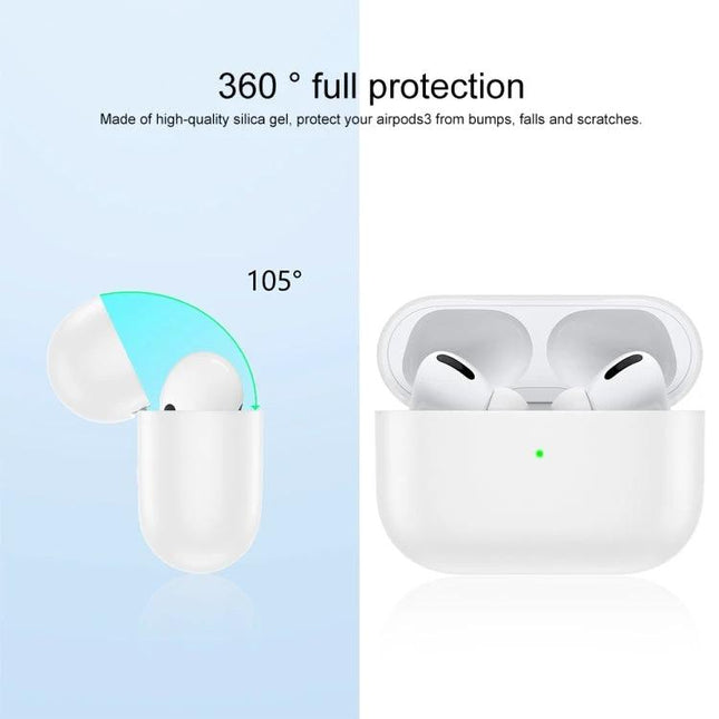 Essential Silicone Cover for Everyday Earbud Protection showing white earbuds in case with 360° protection and 105° lid opening