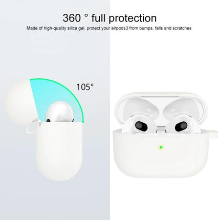 Silicone Case for Everyday AirPods Protection on the Go showing 360° full protection with built-in hook and easy charging access