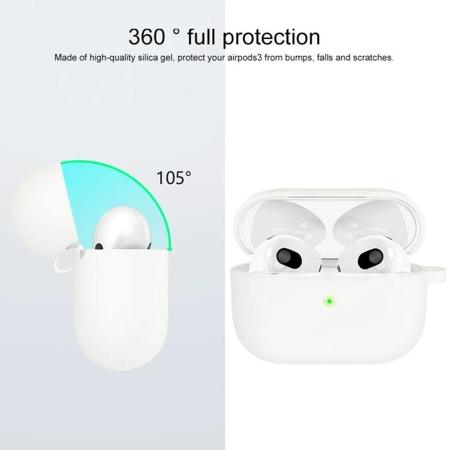 Silicone Case for Everyday AirPods Protection on the Go - white silicone cover with 360° full protection and built-in hook, showing open case and AirPods