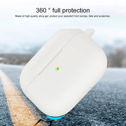 Silicone Case for Everyday AirPods Protection on the Go shown in white with 360° full protection and built-in hook for easy carrying