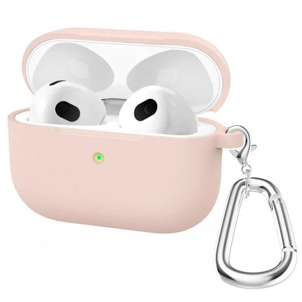 Silicone Case for Everyday AirPods Protection on the Go in soft pink with carabiner hook and open charging access