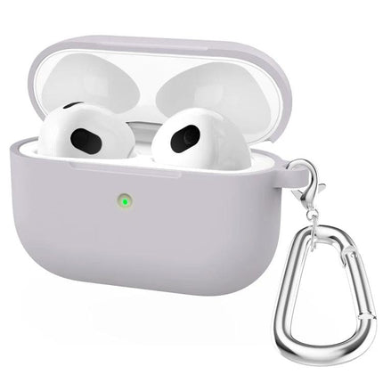 Silicone Case for Everyday AirPods Protection on the Go showing light-gray silicone cover with carabiner and earbuds inside