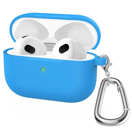 Silicone Case for Everyday AirPods Protection on the Go with blue silicone, carabiner hook and easy charging access