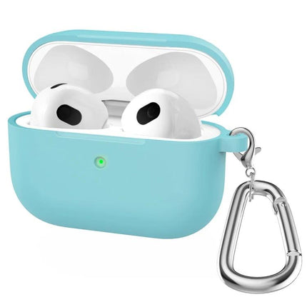 Silicone Case for Everyday AirPods Protection on the Go in sky blue with hook and carabiner for commuting and quick charging access