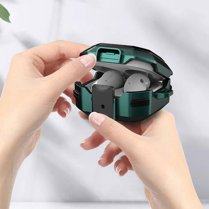 Thunder Battlegear Case for Everyday Earphone Protection on the Go – green dustproof earphone case attached to bag, hands opening case to reveal earbuds
