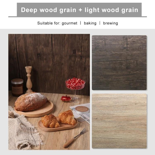 60x60cm Double-Sided Retro PVC Backdrop Board for Photography showing deep wood grain and light wood grain surfaces with bread and croissants styling