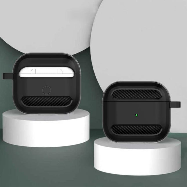 Keep Your AirPods Safe for Daily Activities and Travel - slim black protective AirPods case shown open and closed for commuting and travel