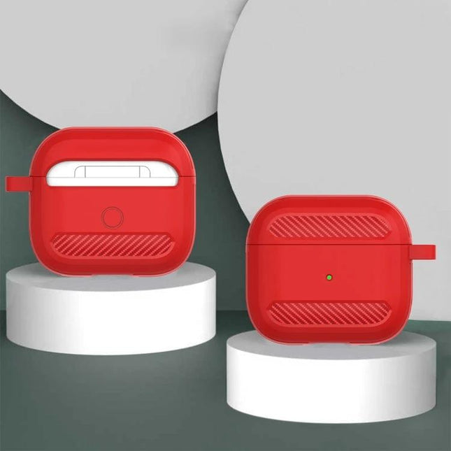 Keep Your AirPods Safe for Daily Activities and Travel — red protective slim AirPods case shown open and closed, shock- and scratch-resistant design