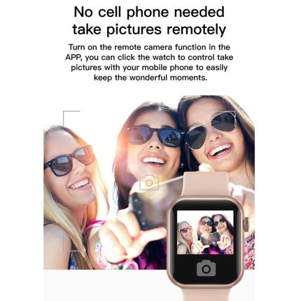 Smart Watch for Everyday Health and Activity Tracking remote camera feature showing friends taking a selfie with watch control
