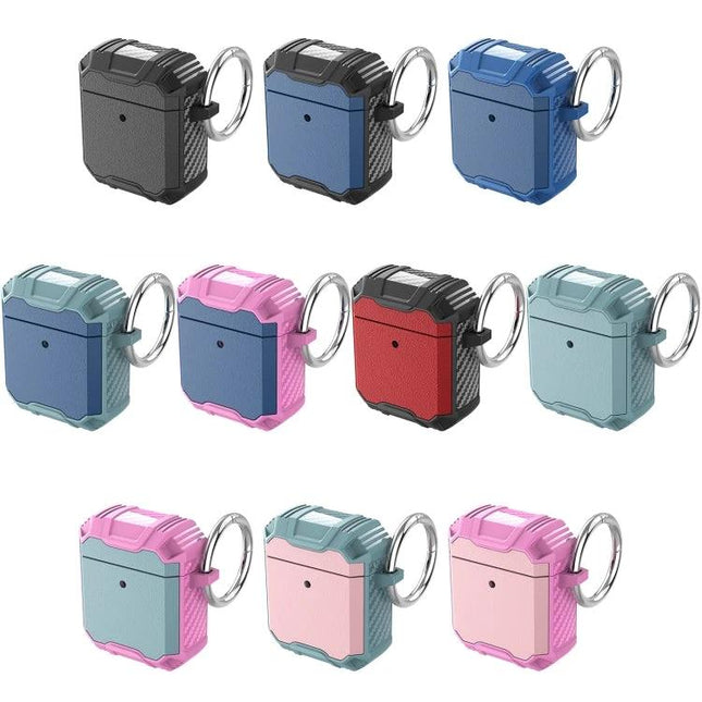 Protective Case for AirPods with Hook for Daily Carrying showing multiple color options with keyring attachment