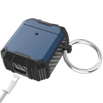 Protective Case for AirPods with Hook for Daily Carrying shown in blue rugged cover with keyring attached