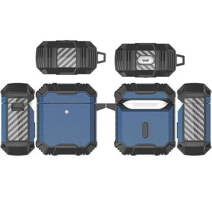 Protective Case for AirPods with Hook for Daily Carrying shown in blue rugged design with carbon-fiber accents and belt-clip hook