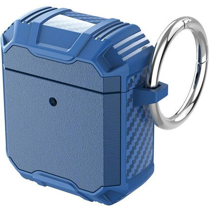 Protective Case for AirPods with Hook for Daily Carrying in blue rugged design with metal keyring