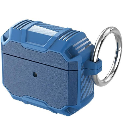 Protective Case for AirPods with Hook for Daily Carrying in rugged blue silicone with metal ring attachment