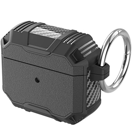 Protective Case for AirPods with Hook for Daily Carrying rugged black textured case with metal ring attachment