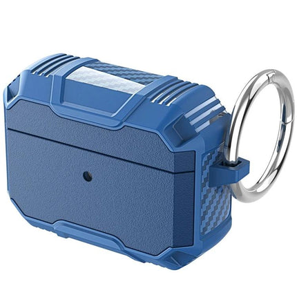 Protective Case for AirPods with Hook for Daily Carrying in blue rugged design with metal keyring attached