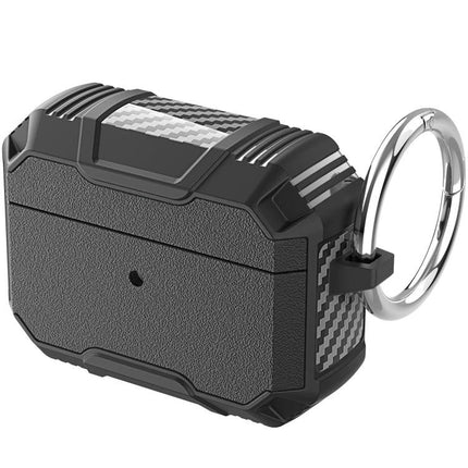 Protective Case for AirPods with Hook for Daily Carrying in rugged black with metal keyring attachment
