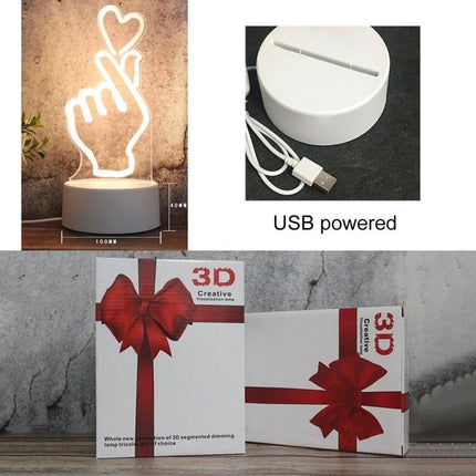Decorative 3D LED Night Light for Home and Bedroom Settings - heart finger design on USB-powered base, gift box packaging