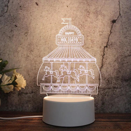 Decorative 3D LED Night Light for Home and Bedroom Settings showing carousel horse design glowing on bedside table