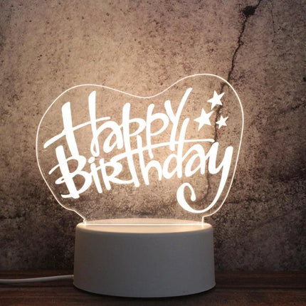 Decorative 3D LED Night Light for Home and Bedroom Settings - 'Happy Birthday' acrylic lamp with warm glow on white base, bedside decor