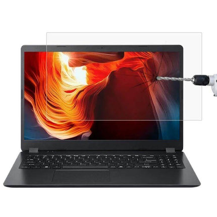 Tempered Glass Screen Protector for Acer 15.6 Inch Laptops showing drill impact resistance demo and anti-glare clarity