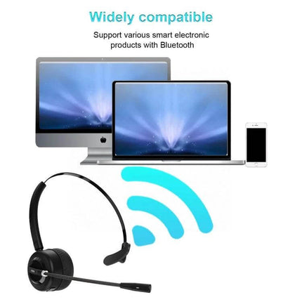 Anivia Bluetooth Headset With Noise Cancelling Mic For Calls shown with laptop desktop and smartphone for hands-free wireless use