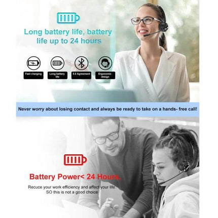 Anivia Bluetooth Headset With Noise Cancelling Mic For Calls showing headset worn by smiling customer service agent