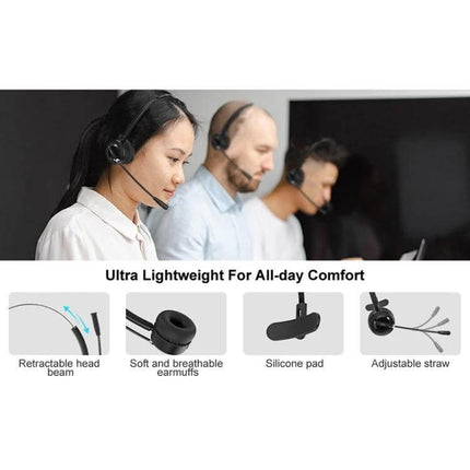 Anivia Bluetooth Headset With Noise Cancelling Mic For Calls shown on customer service reps wearing lightweight earpiece