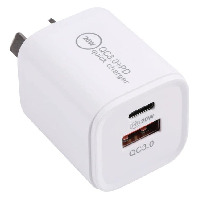 20W Quick Charger USB C PD and USB A QC3.0 with AU EU UK US Plugs White - compact dual-port PD and QC3.0 fast charger, white travel adapter