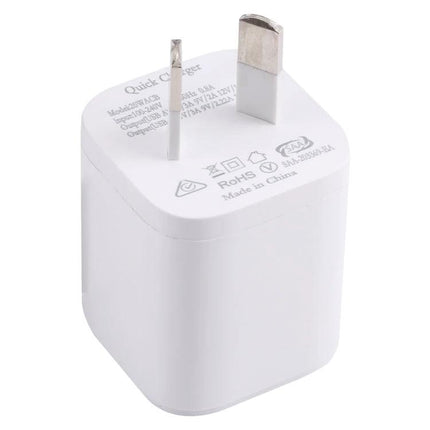 20W Quick Charger USB C PD and USB A QC3.0 with AU EU UK US Plugs White compact dual-port wall charger showing AU plug and white finish