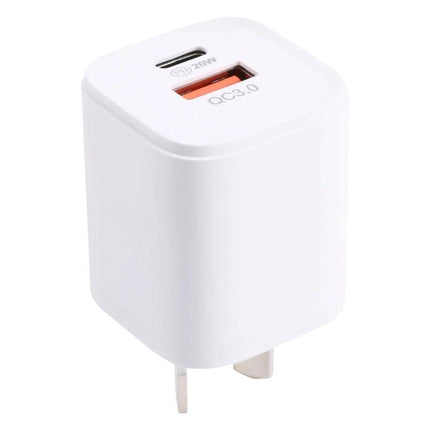 20W Quick Charger USB C PD and USB A QC3.0 with AU EU UK US Plugs White compact dual-port wall charger with USB-C PD and USB-A QC3.0