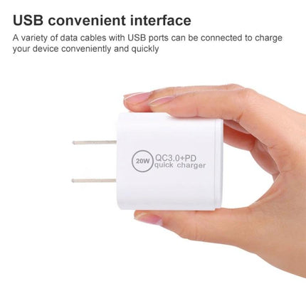 20W Quick Charger USB C PD and USB A QC3.0 with AU EU UK US Plugs White - compact white 20W PD+QC3.0 wall charger held in hand