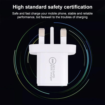 20W Quick Charger USB C PD and USB A QC3.0 with AU EU UK US Plugs White - white 20W QC3.0 PD travel wall charger with UK plug