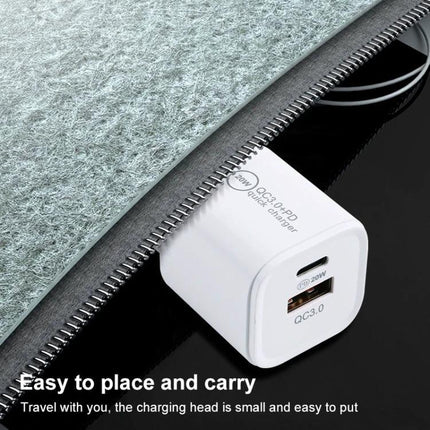 20W Quick Charger USB C PD and USB A QC3.0 with AU EU UK US Plugs White compact dual-port travel charger showing USB-C and USB-A ports