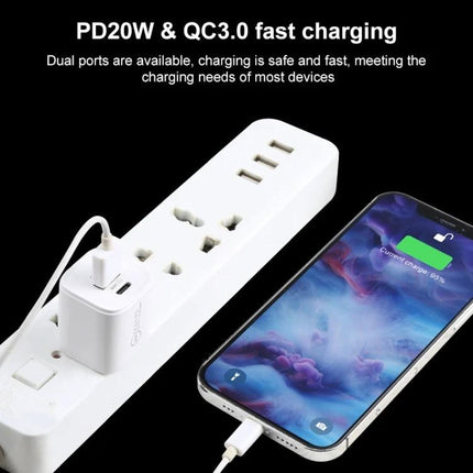 20W Quick Charger USB C PD and USB A QC3.0 with AU EU UK US Plugs White shown charging smartphone from power strip, dual PD and QC3.0 ports