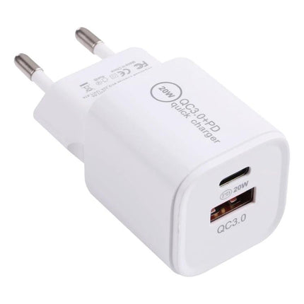 20W Quick Charger USB C PD and USB A QC3.0 with AU EU UK US Plugs White - compact dual-port 20W USB-C PD and USB-A QC3.0 travel wall charger