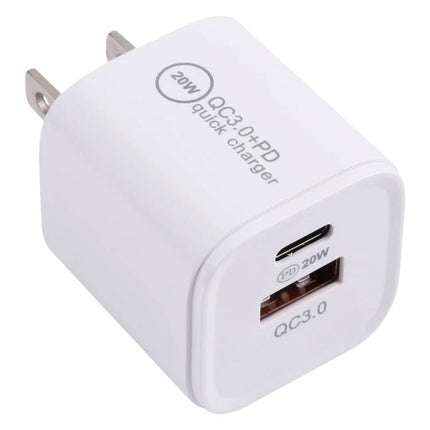 20W Quick Charger USB C PD and USB A QC3.0 with AU EU UK US Plugs White - compact dual-port fast charger, USB-C PD and USB-A QC3.0 in white