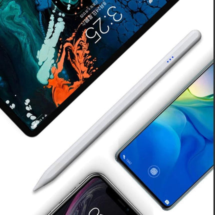 JT17 Universal Capacitive Pen for Touch Screens and Tablets - slim white stylus next to tablet and smartphones for precise writing, sketching, and note-taking