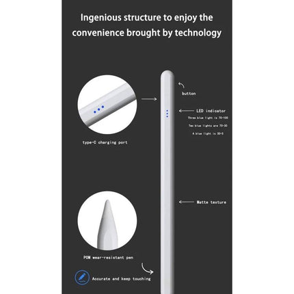 JT17 Universal Capacitive Pen for Touch Screens and Tablets showing matte body, LED indicator, Type-C charging port and wear-resistant tip