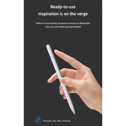 JT17 Universal Capacitive Pen for Touch Screens and Tablets held in hand, showing slim silver stylus and blue LED ready-to-use